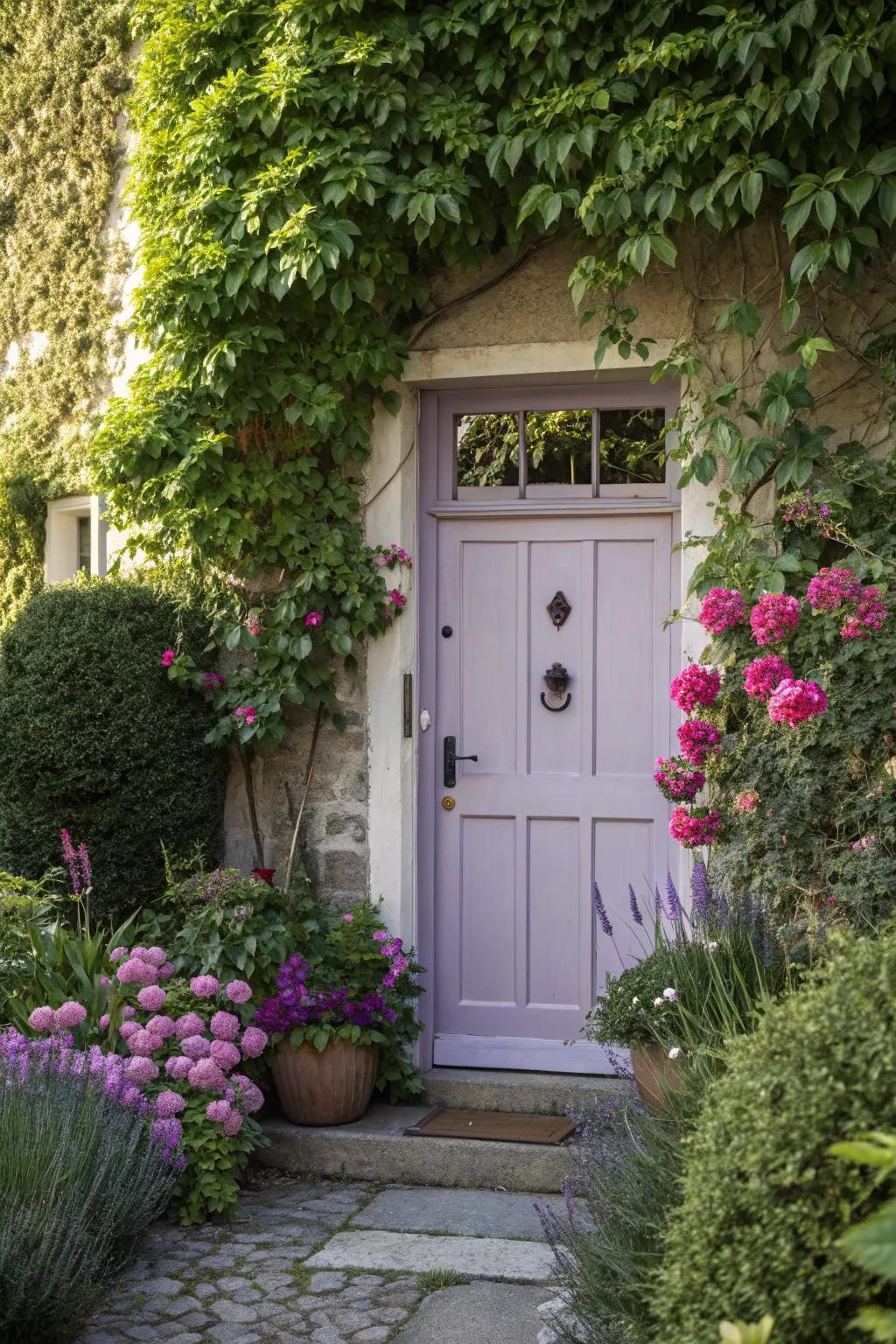 Whimsical lavender front door in a garden setting.