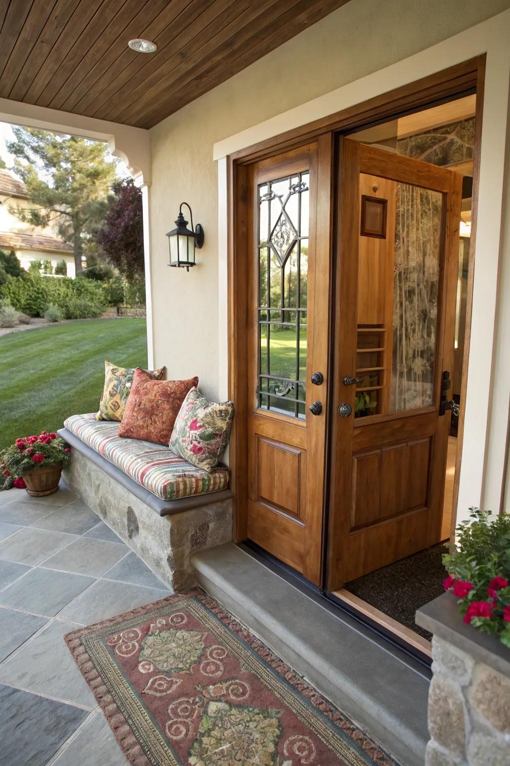 A built-in bench provides practical seating on the patio.