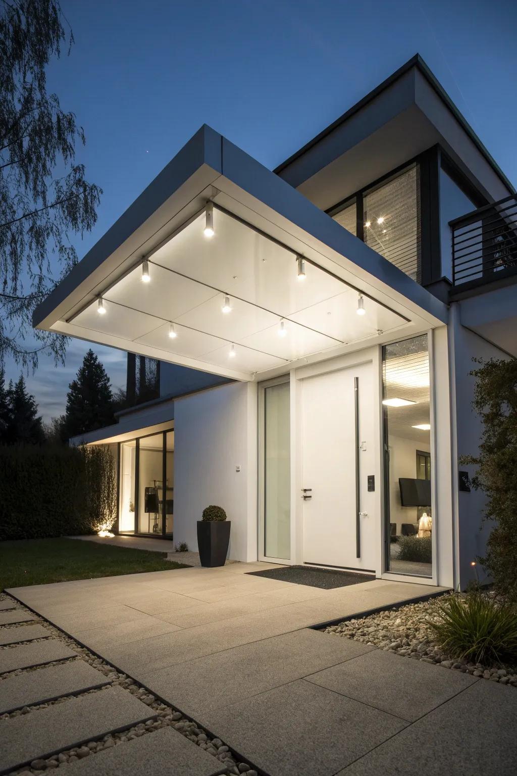 A LED-lit canopy adds a futuristic glow to this entrance.