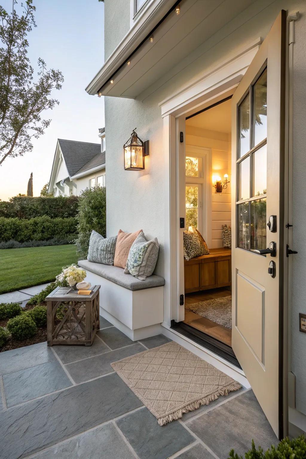 A welcoming seating nook creates a cozy entrance.