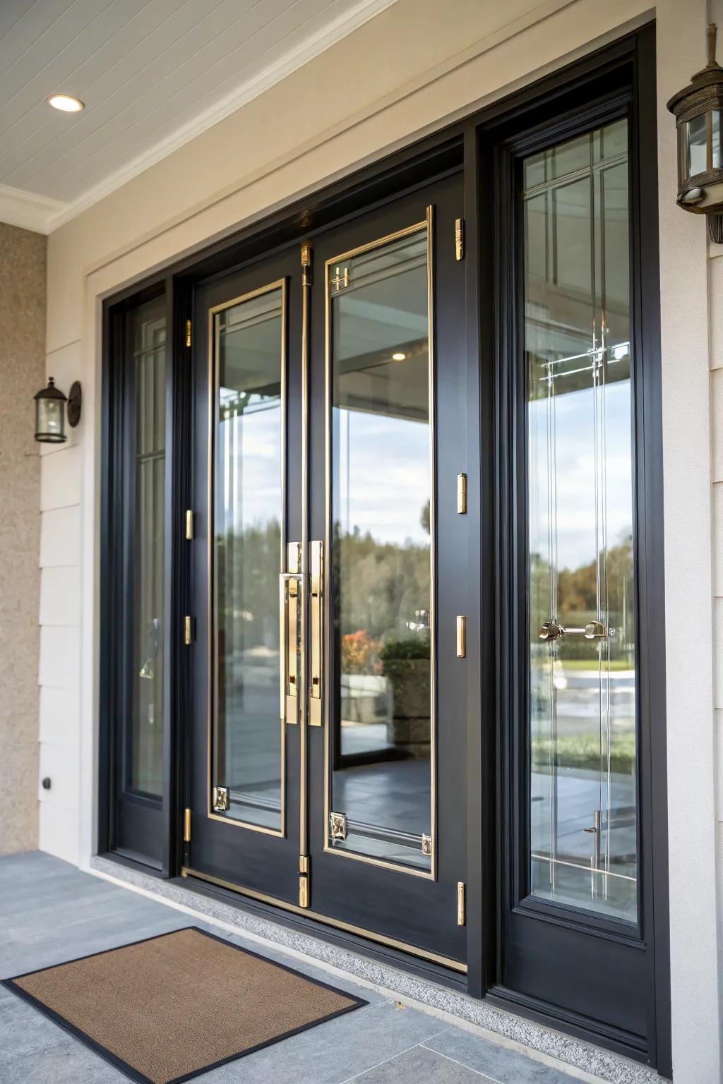 Metallic accents add a modern edge to this glass front door.