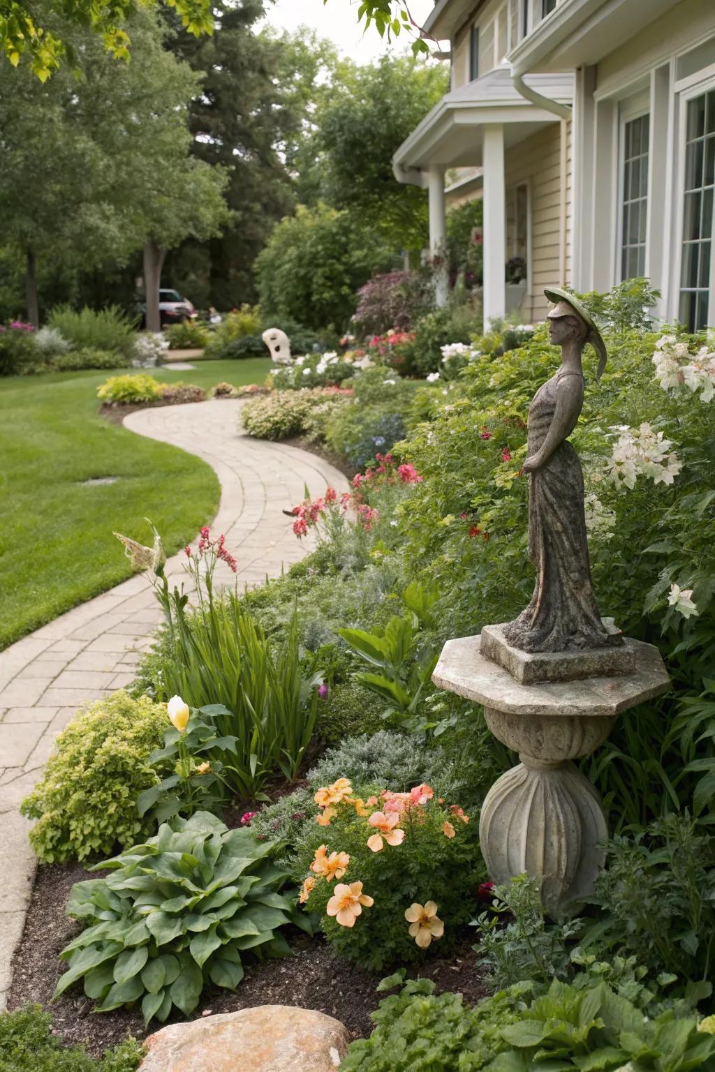 Sculptures add personality and focus to gardens.