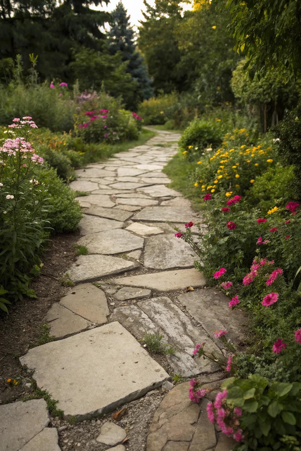 A rustic path using recycled broken concrete, adding texture and sustainability.
