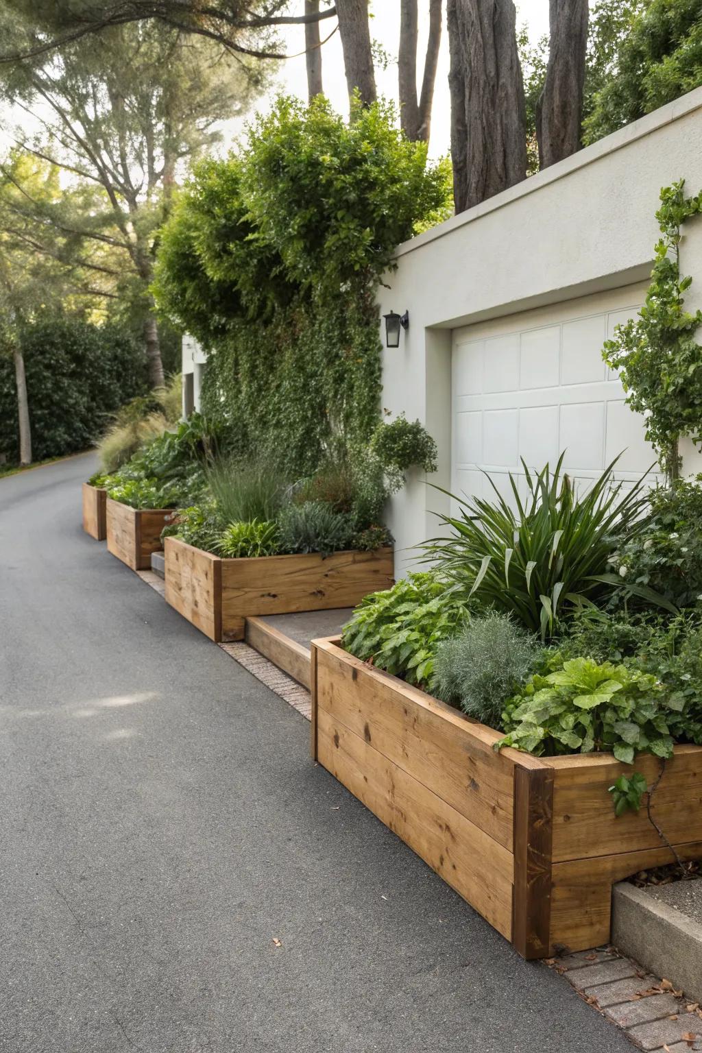 Driveway adorned with warm wooden accents.