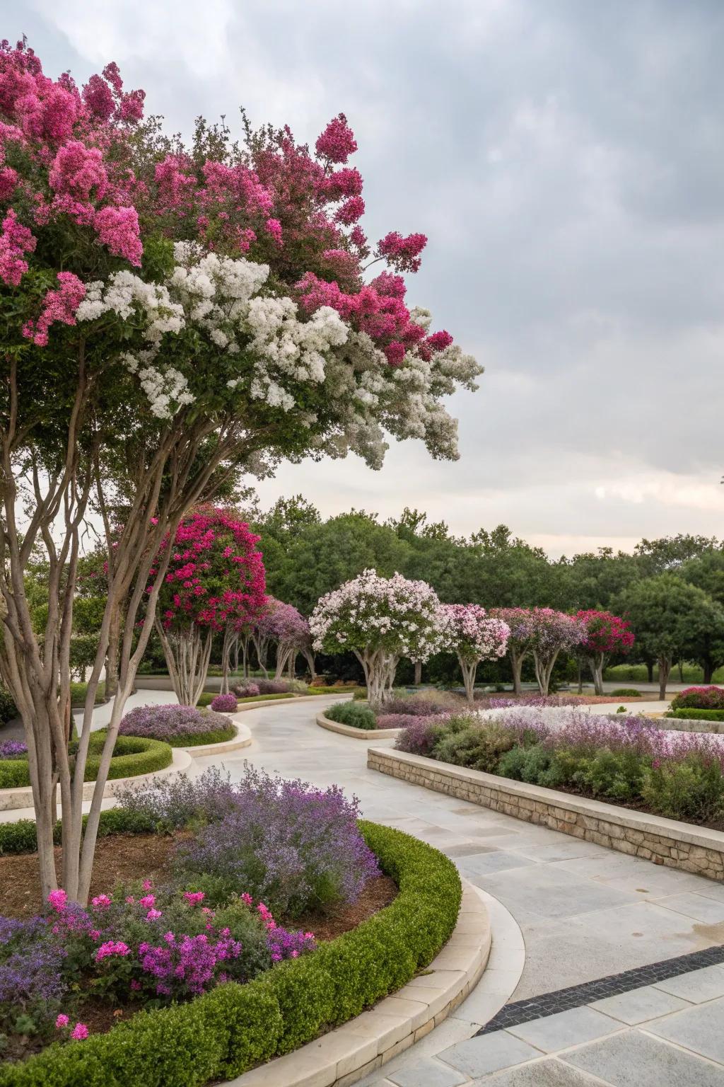 Crepe myrtles become part of an artistic garden tapestry.