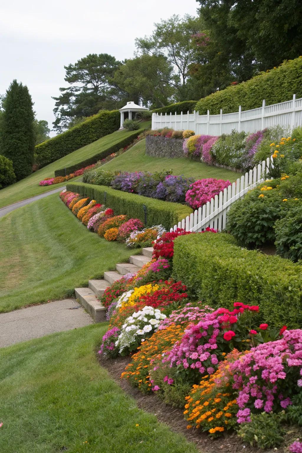 Terracing turns a slope into a stunning multi-level planting area.