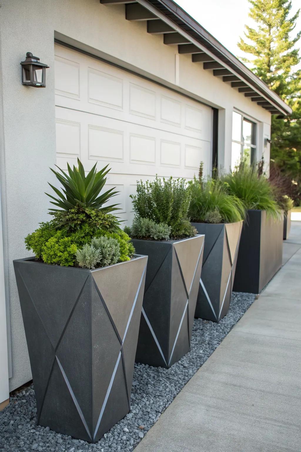 Add architectural interest with geometric planters.