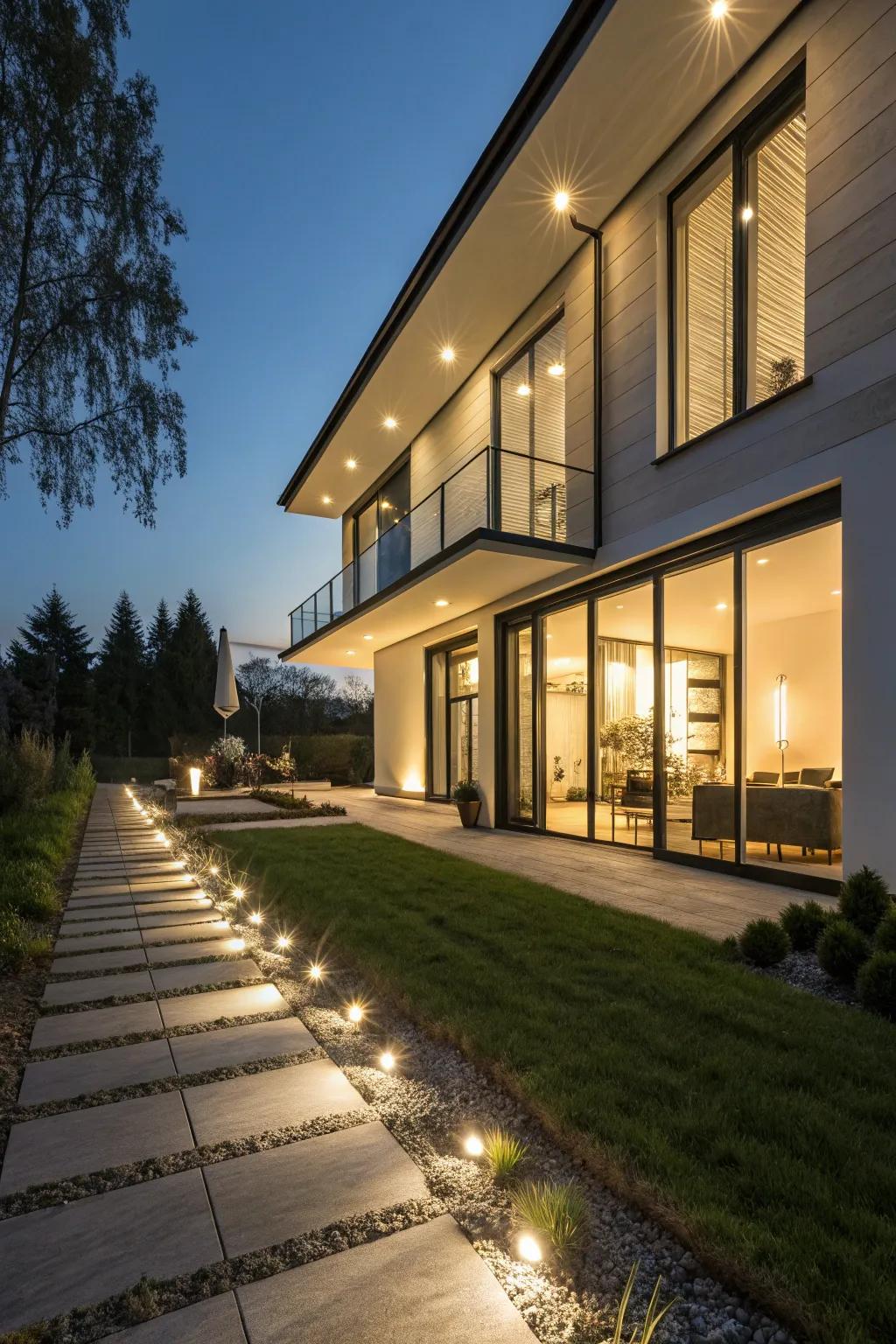 Smart lighting adds modern flair to the house exterior.