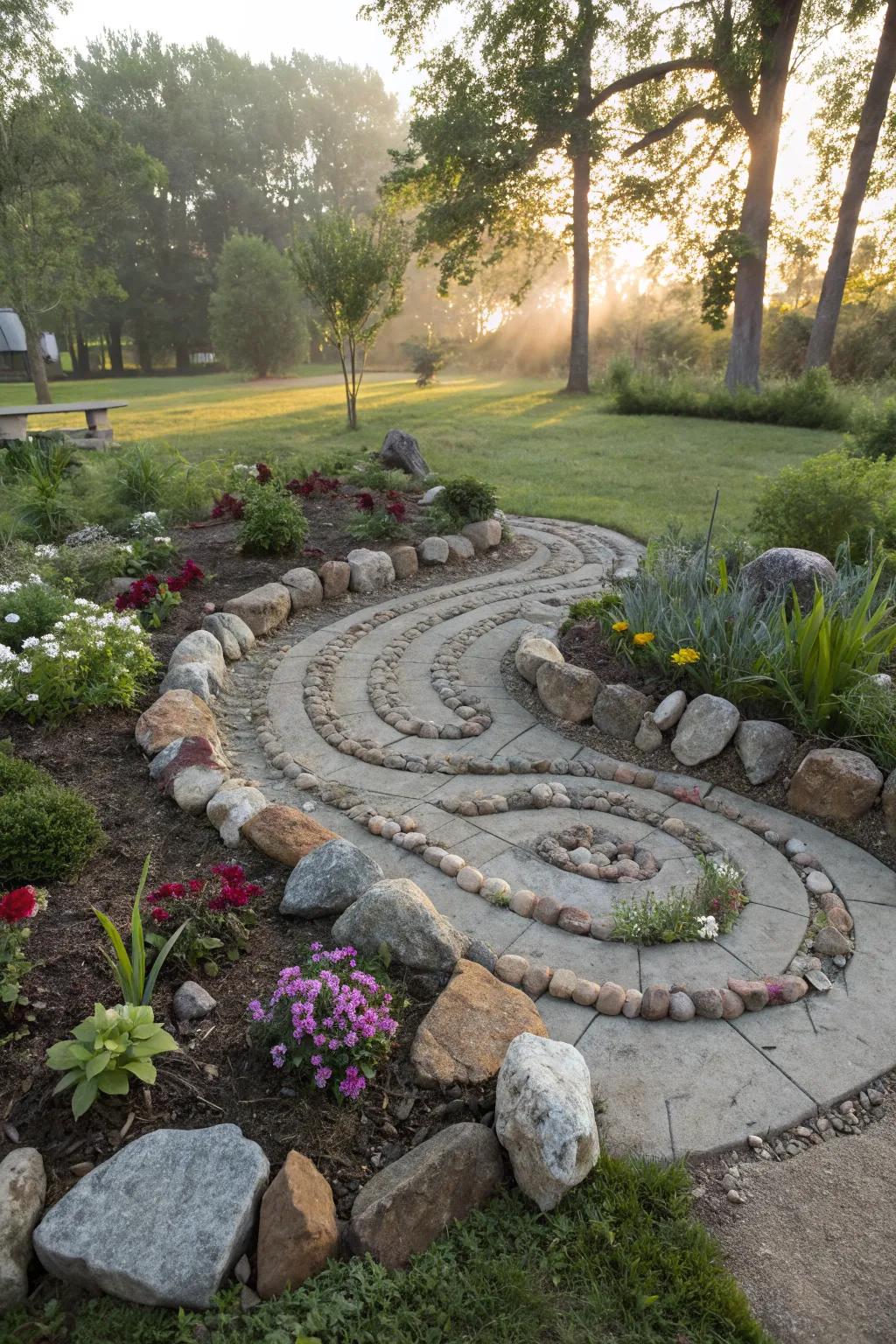 A unique spiral rock design adding movement and charm.