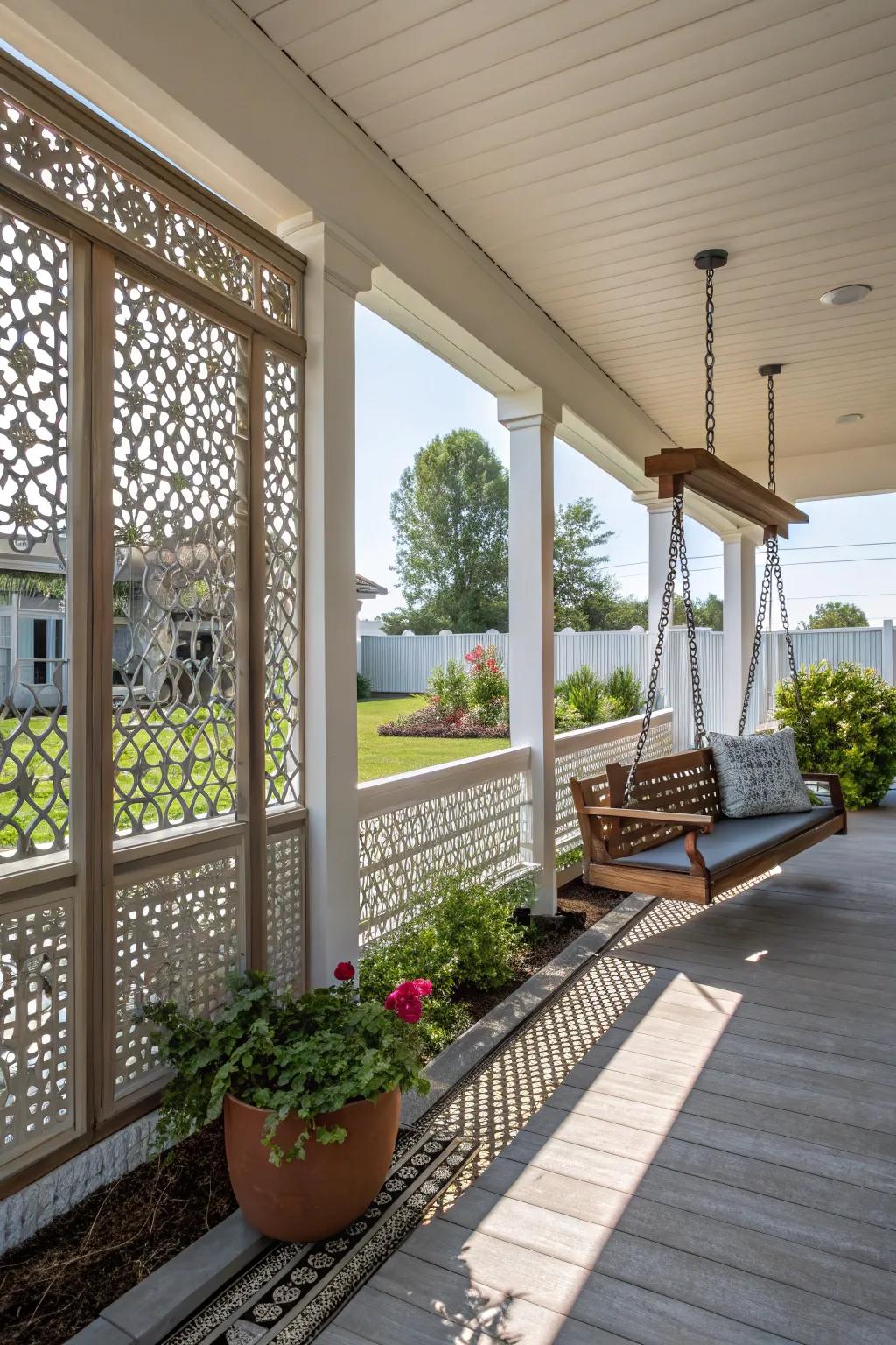 Decorative screens that add privacy and style to the porch.