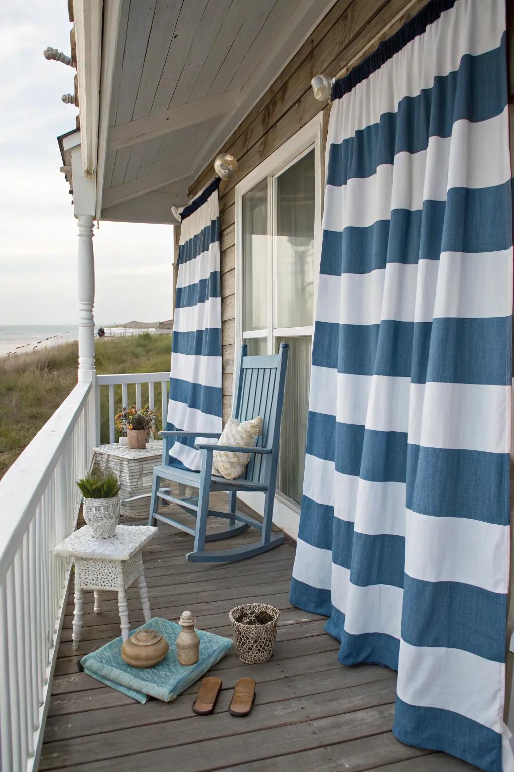 Nautical curtains evoke a beachy feel.