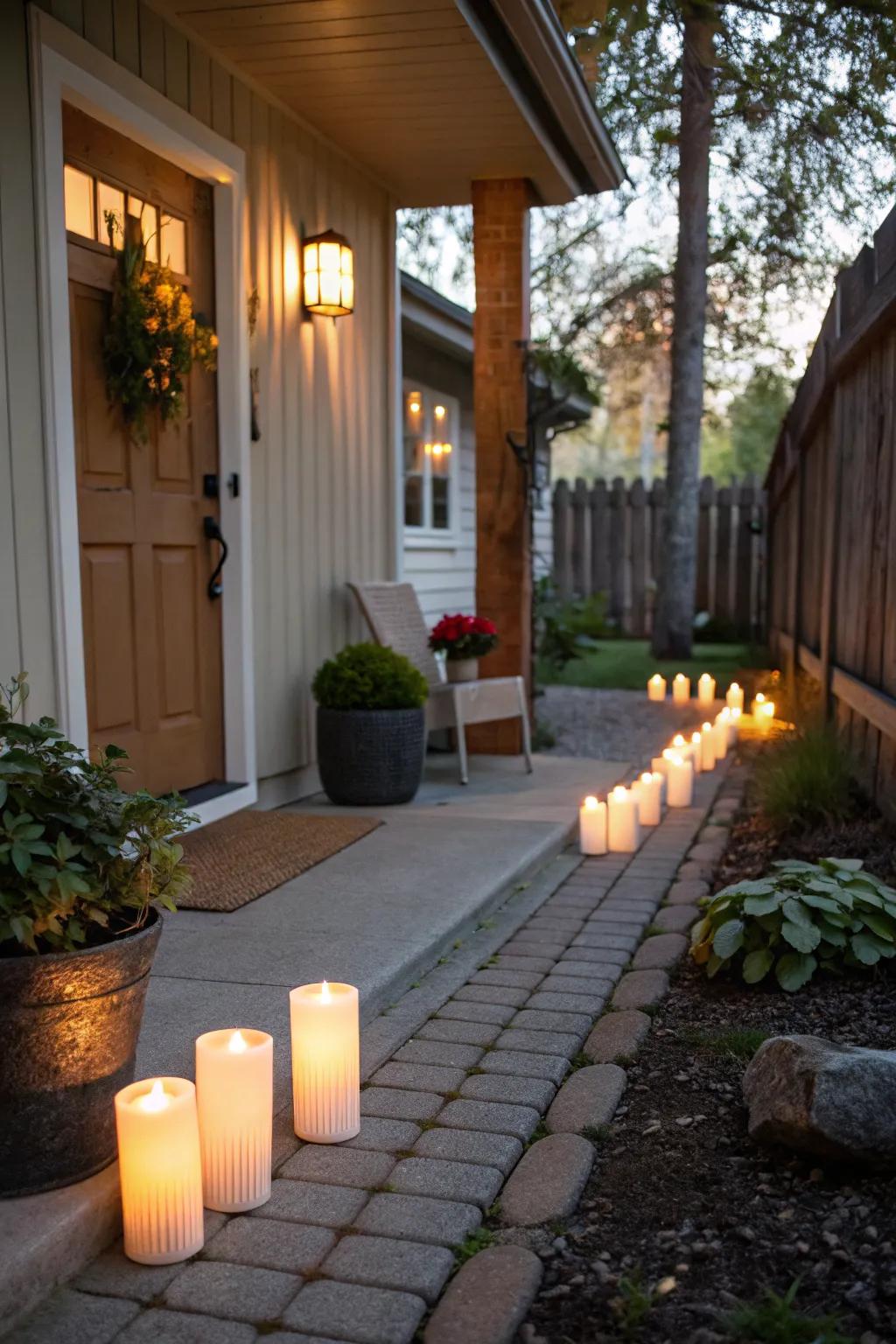 A candlelit pathway warmly welcomes visitors to the Halloween festivities.