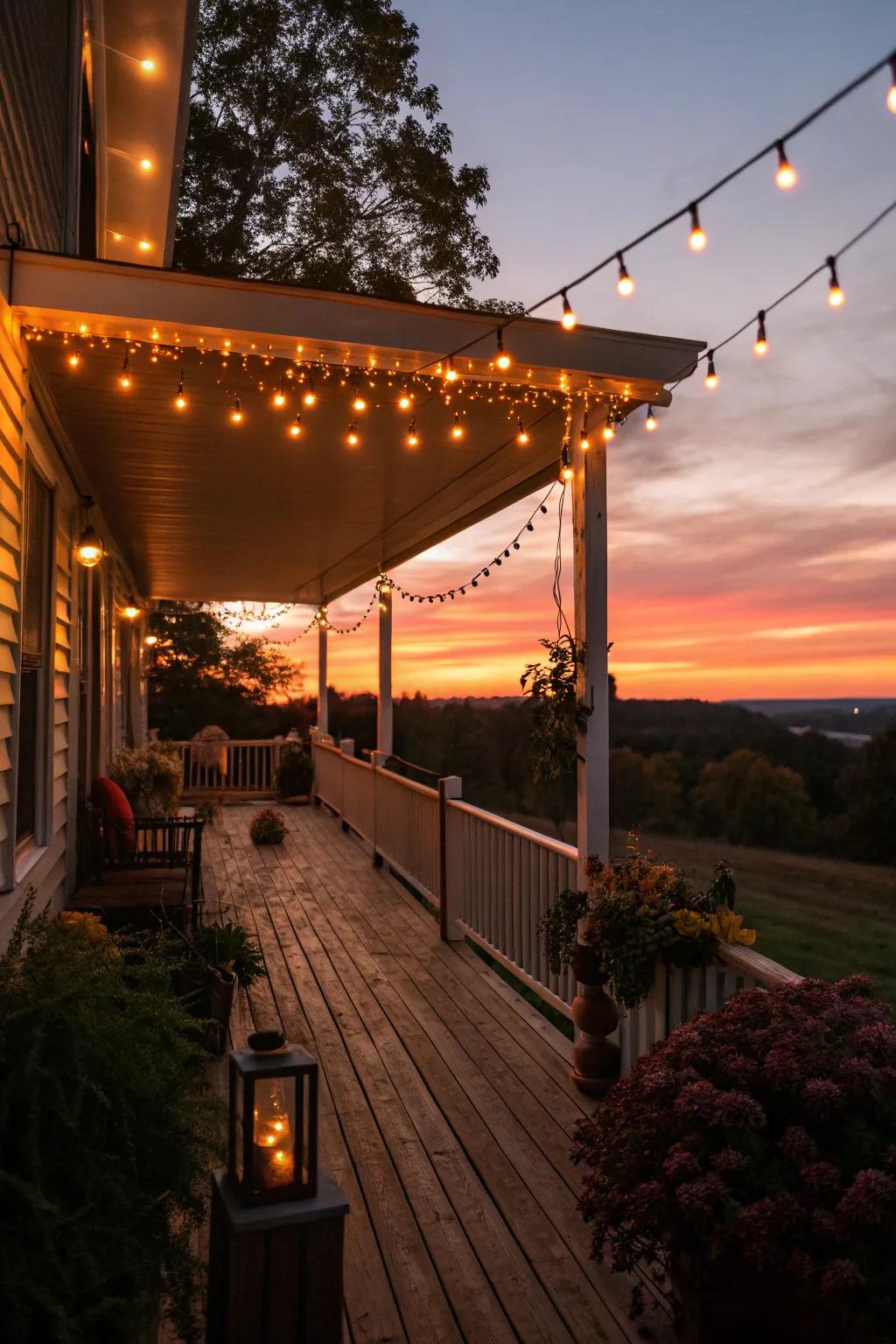 String lights add a magical ambiance to your porch at night.