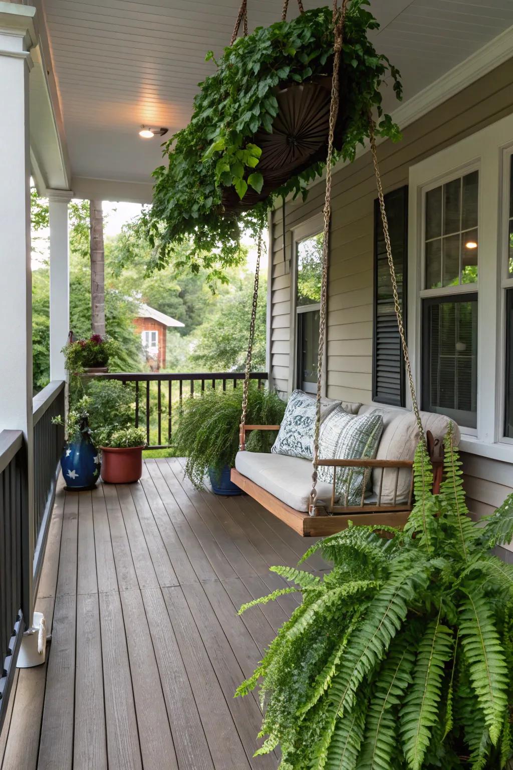 An inviting porch swing surrounded by lush greenery.