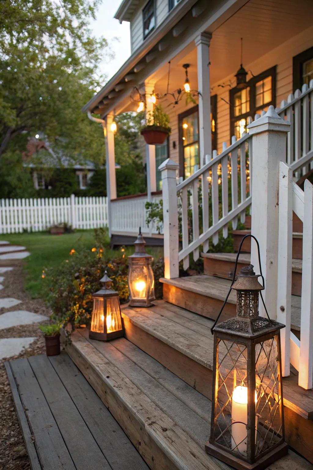 Vintage lanterns bring timeless charm to your porch.