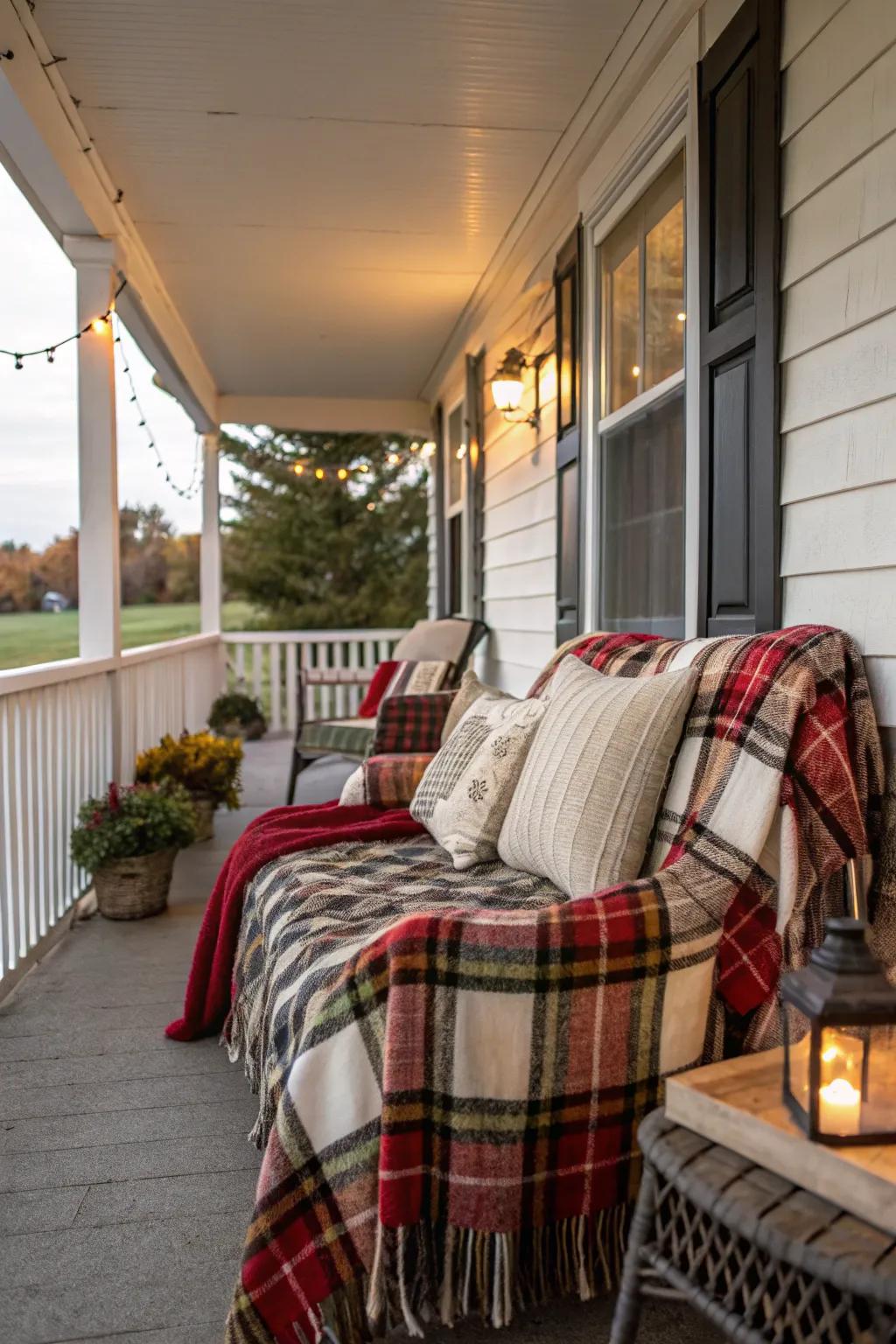 Plaid accents add a cozy and classic fall touch to the porch.
