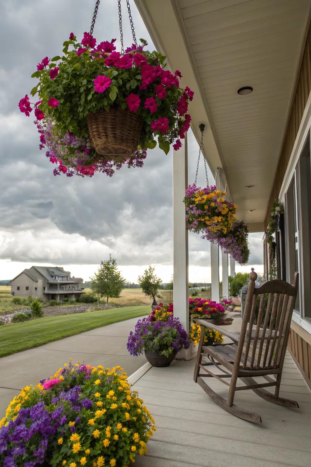 Hanging baskets add height and color.