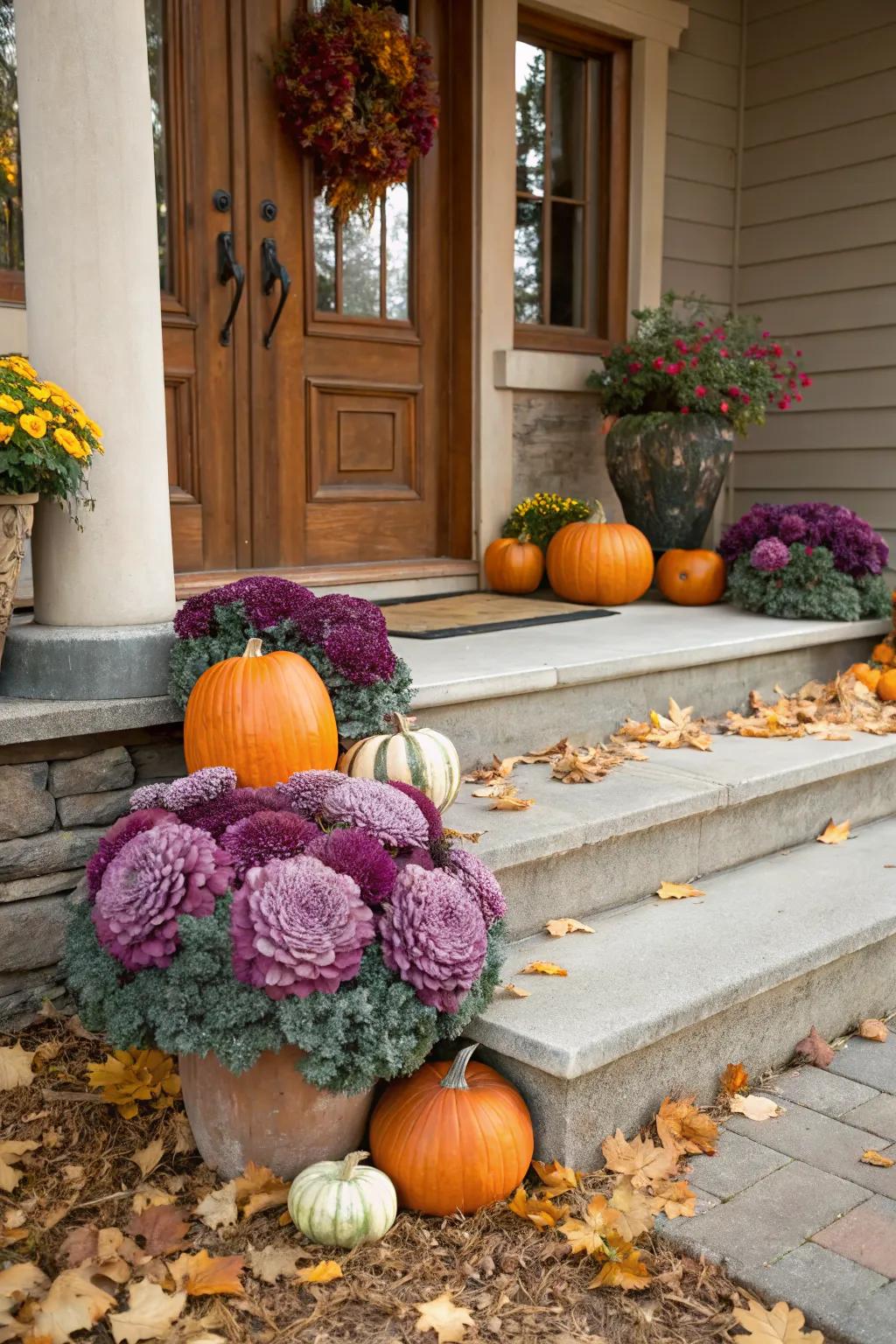 Pumpkins and cabbages offer a modern twist on fall decor.
