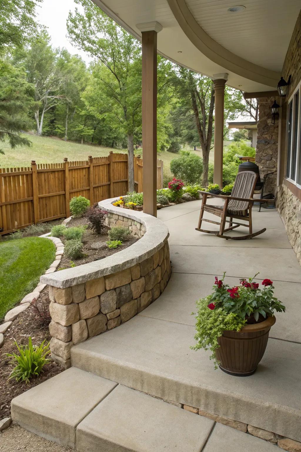A curved retaining wall that follows the landscape's flow.
