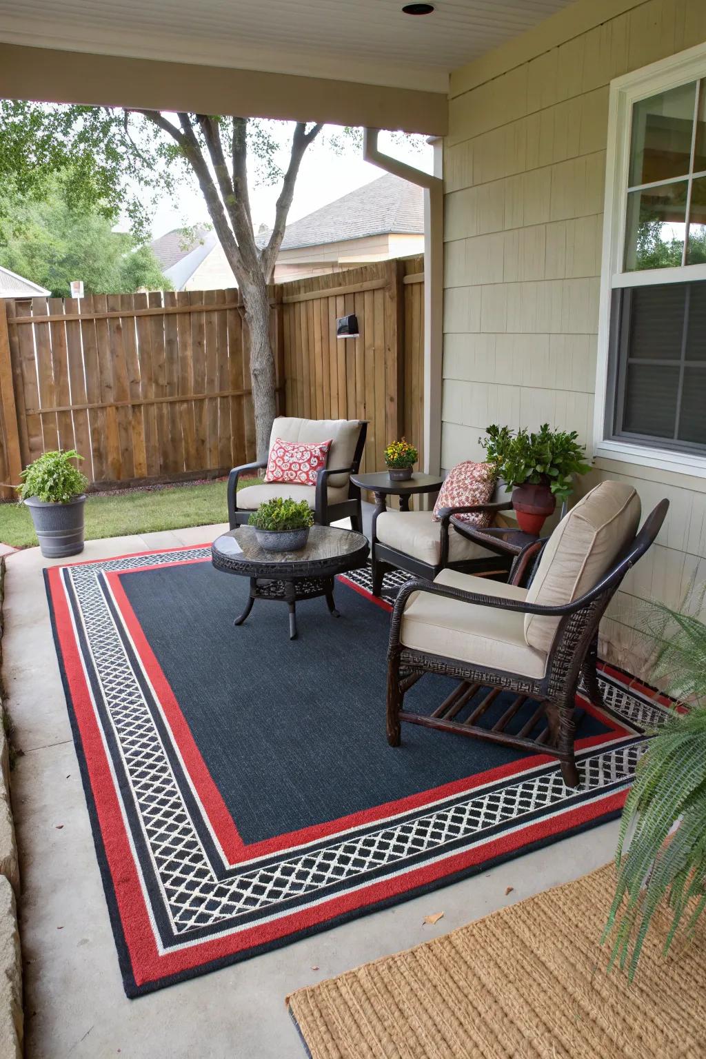 Rugs with bold borders elegantly define and enhance your porch layout.