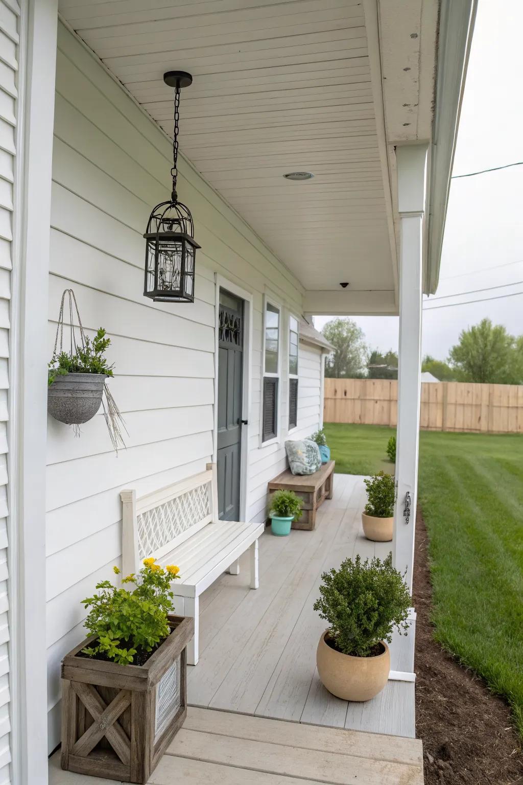Elegant front porch with whitewash siding.