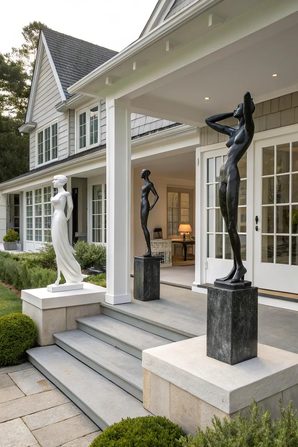 Modern art statues add a touch of contemporary elegance to your porch.