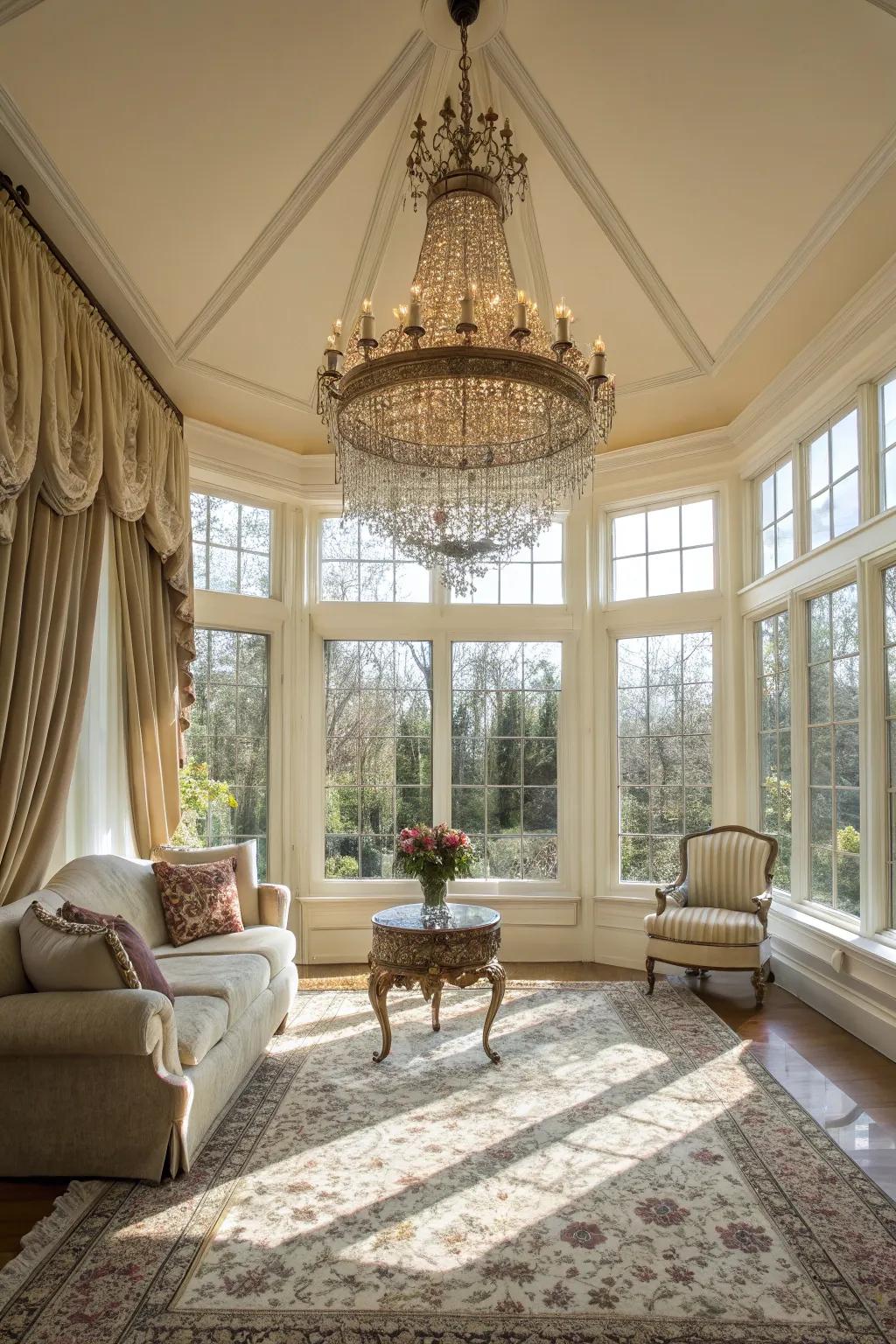 A statement chandelier adding elegance to a sunroom.