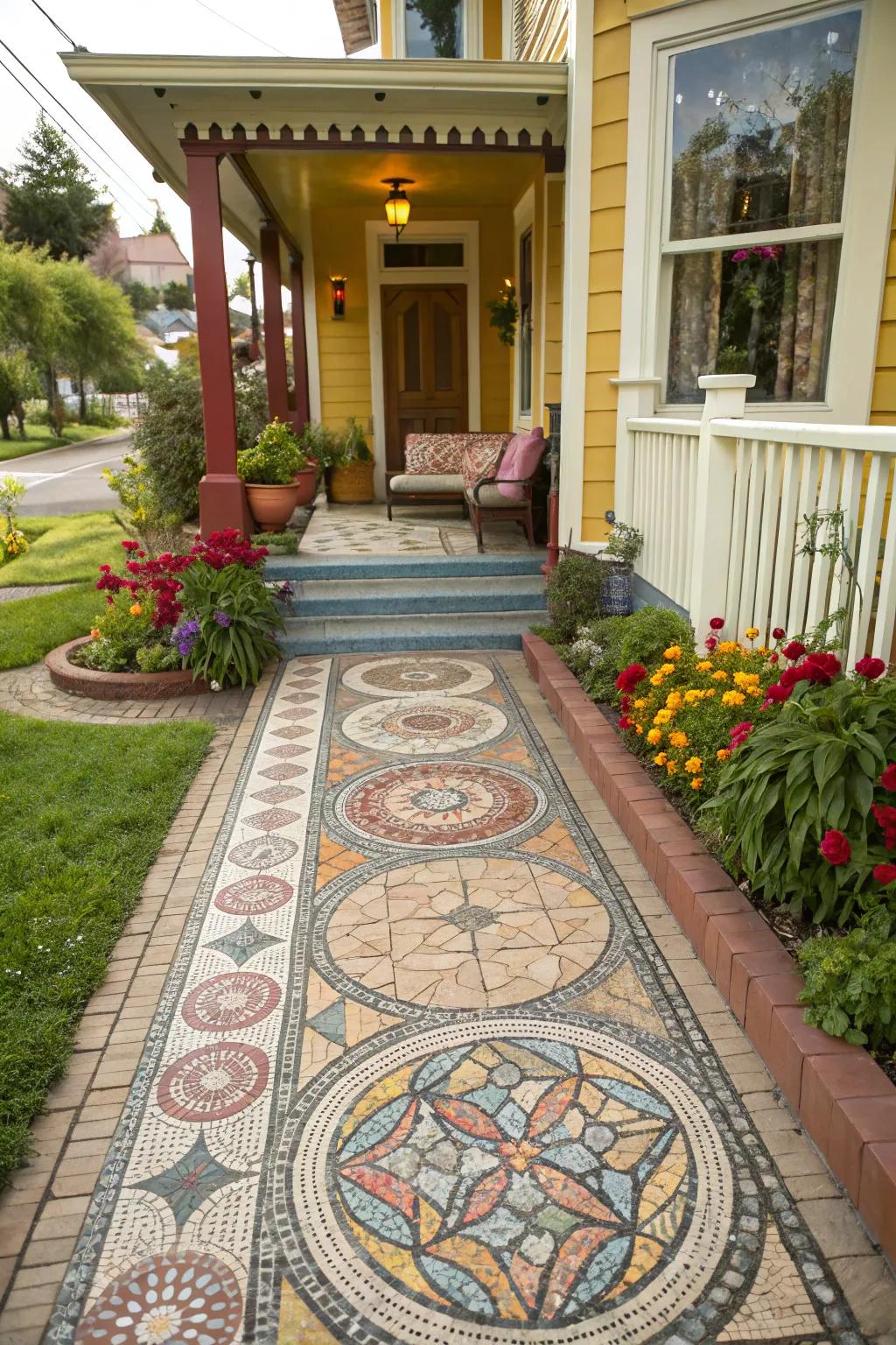 A mosaic walkway with vibrant colors and intricate designs.