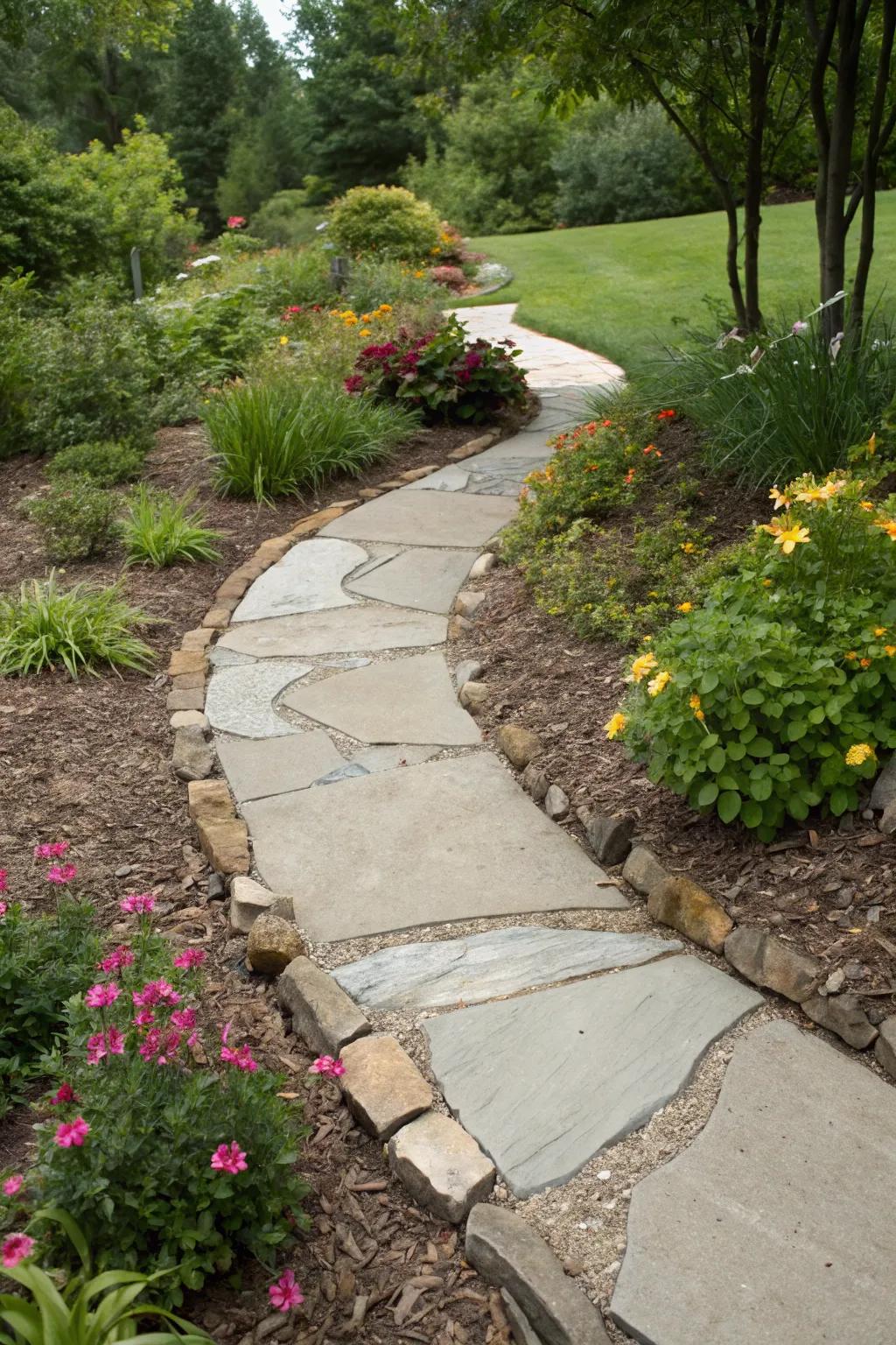 Natural borders with stone and mulch for a cohesive garden look.