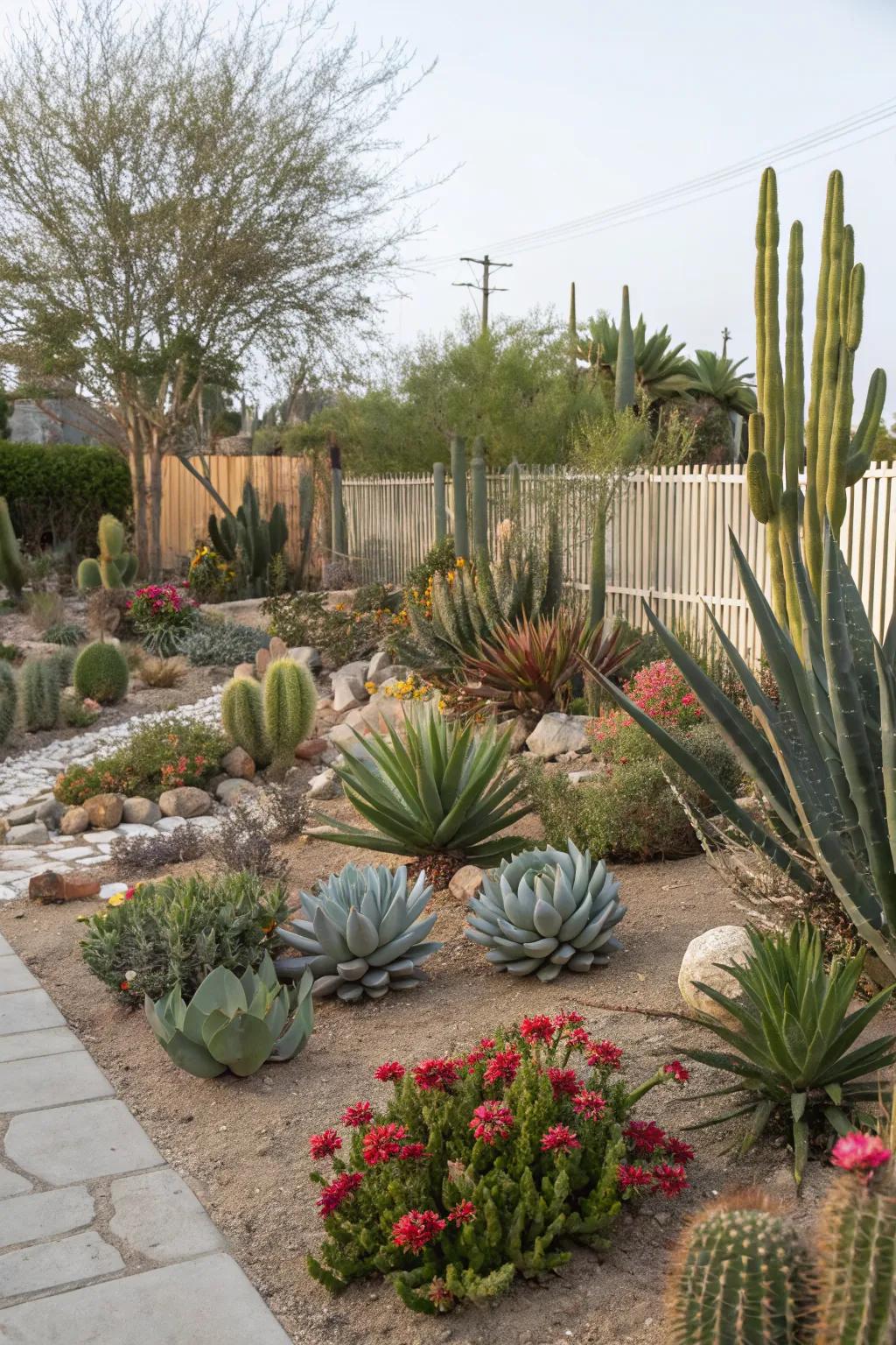 Embrace desert beauty with agave and cacti.