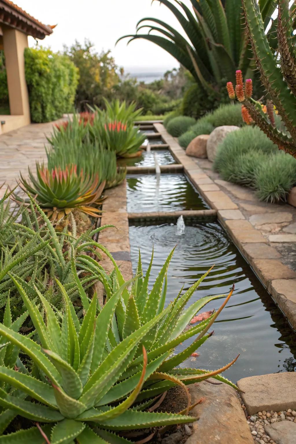 Refreshing garden oasis with aloe vera and water feature
