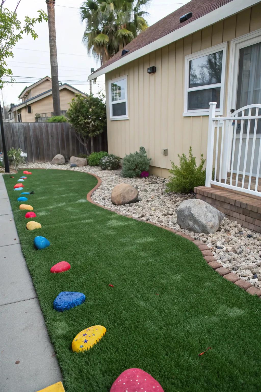 Colorful painted rocks adding a vibrant touch.