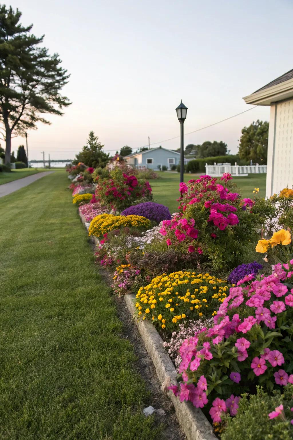 Flower beds enhance beauty while serving as a natural barrier.