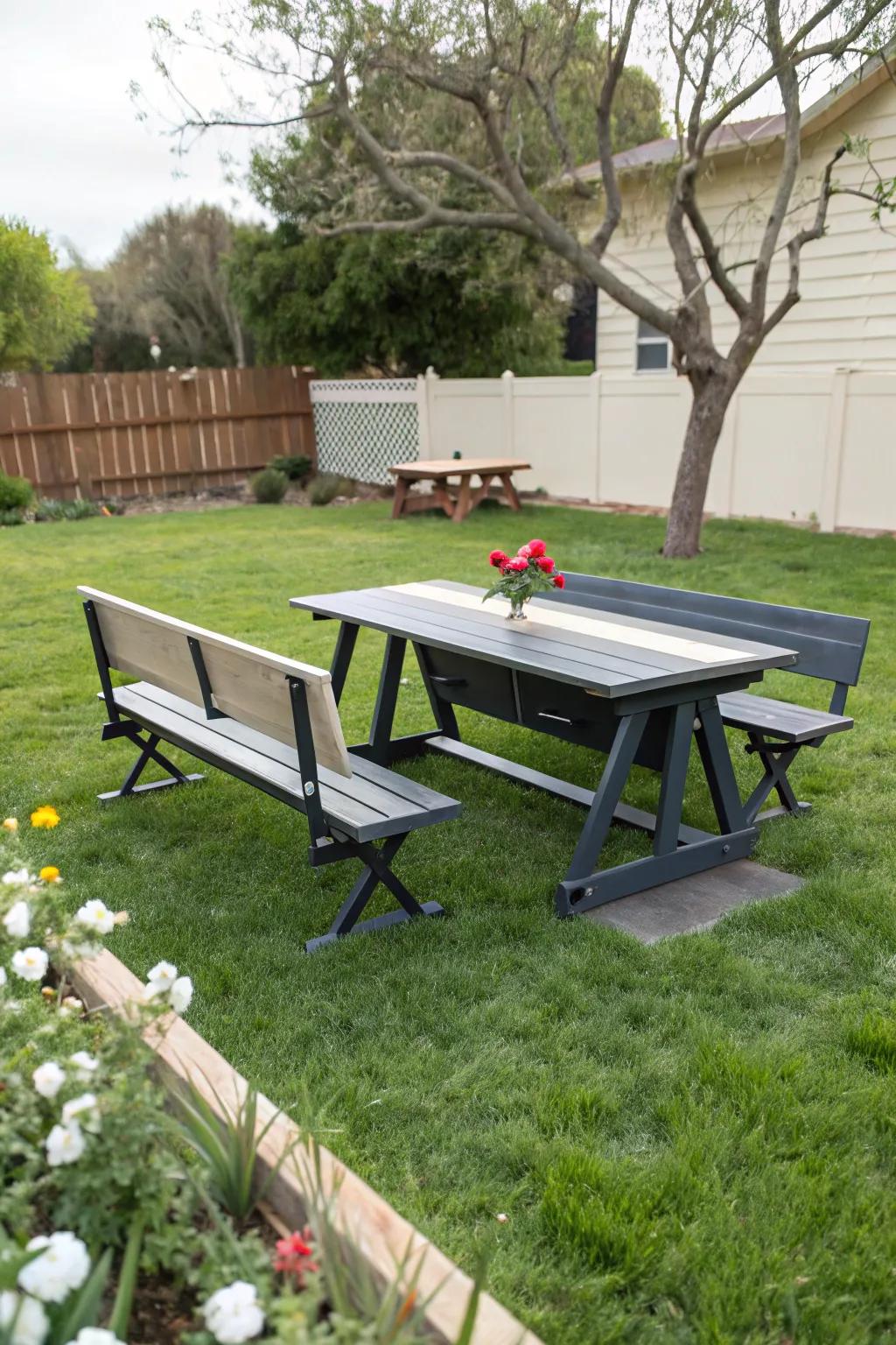 A convertible bench offers flexibility with a reversible design.