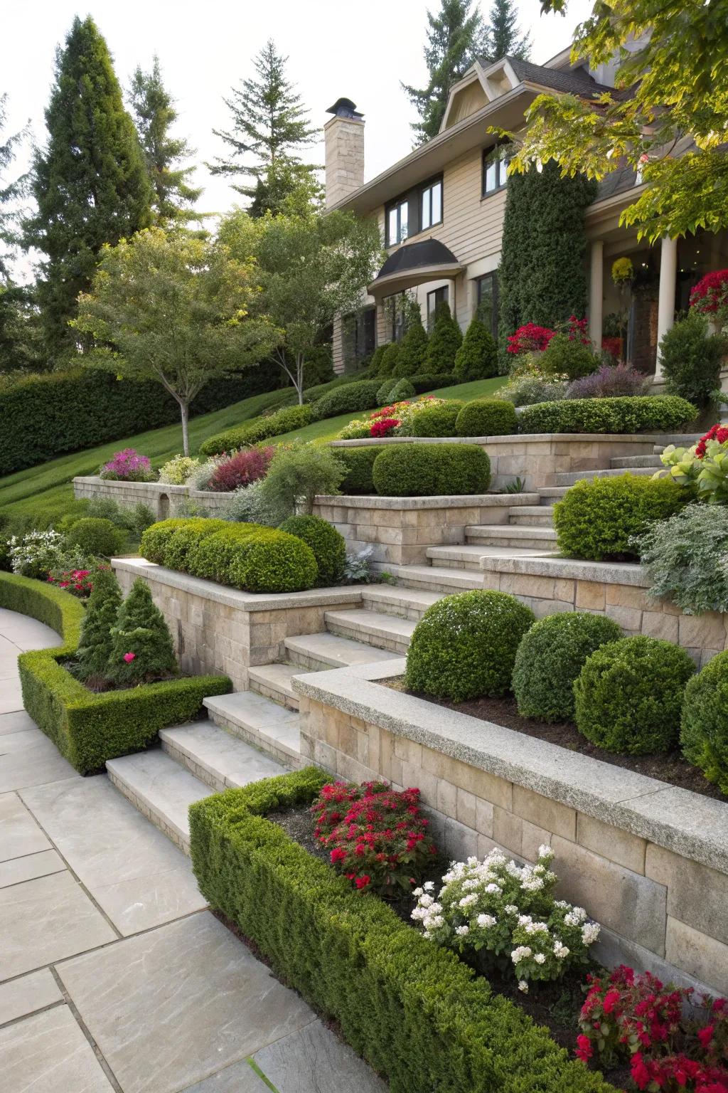 Add drama with tiered terraces featuring boxwoods.