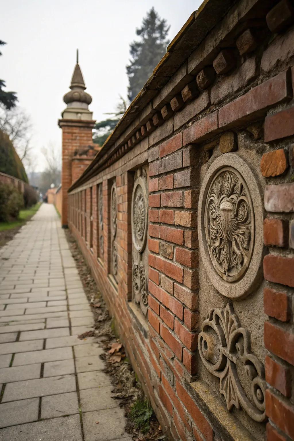 Sculptural elements add artistic flair to brick walls.