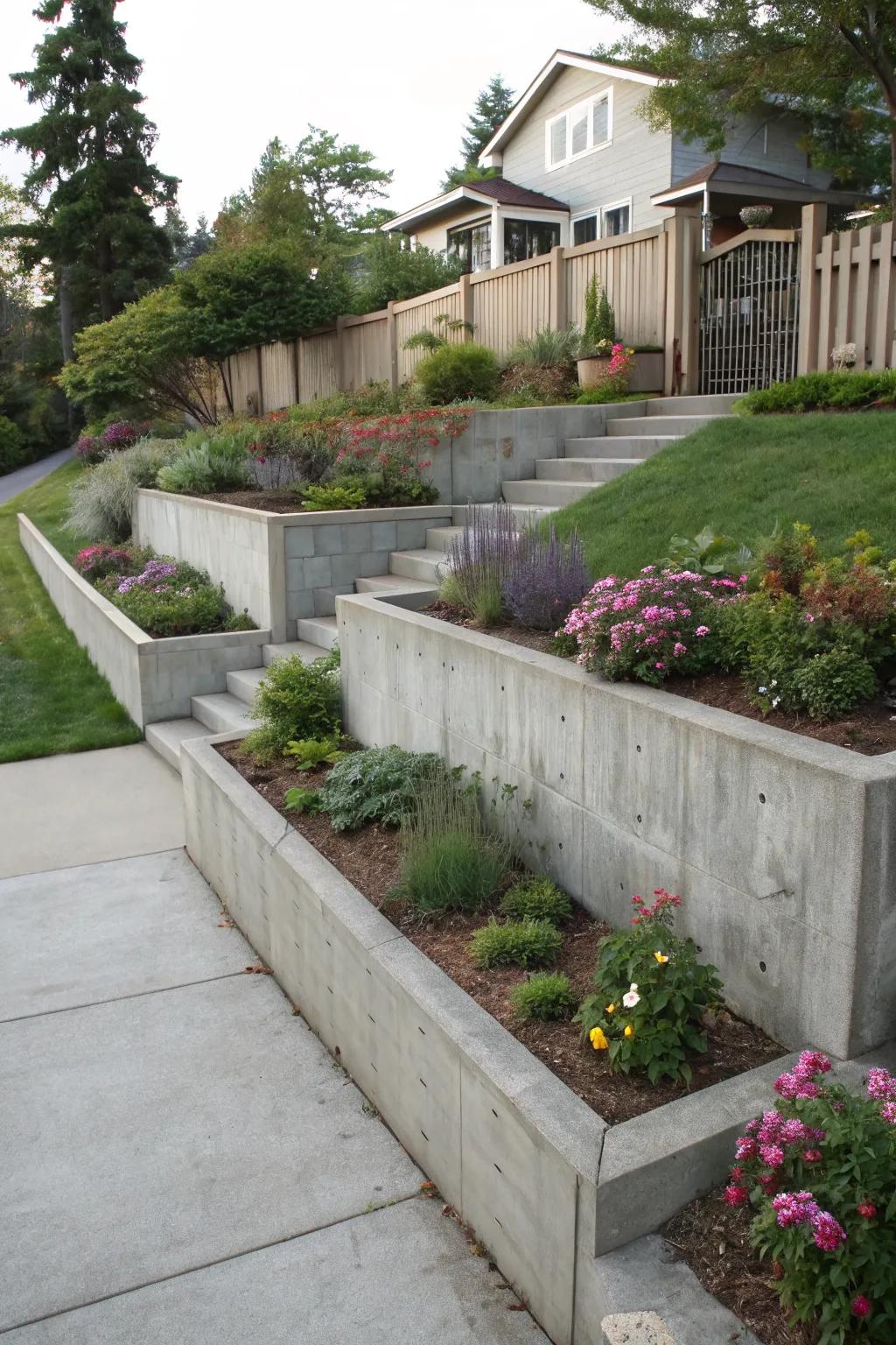 Concrete retaining walls add structure and elegance to this landscape.
