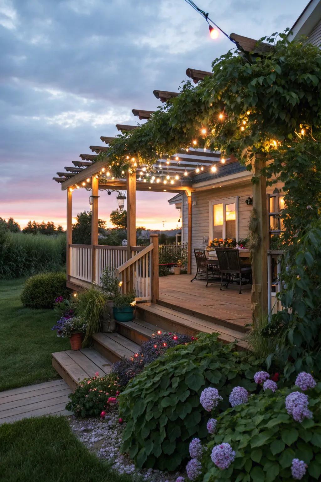 A front yard deck with a pergola and enchanting string lights.