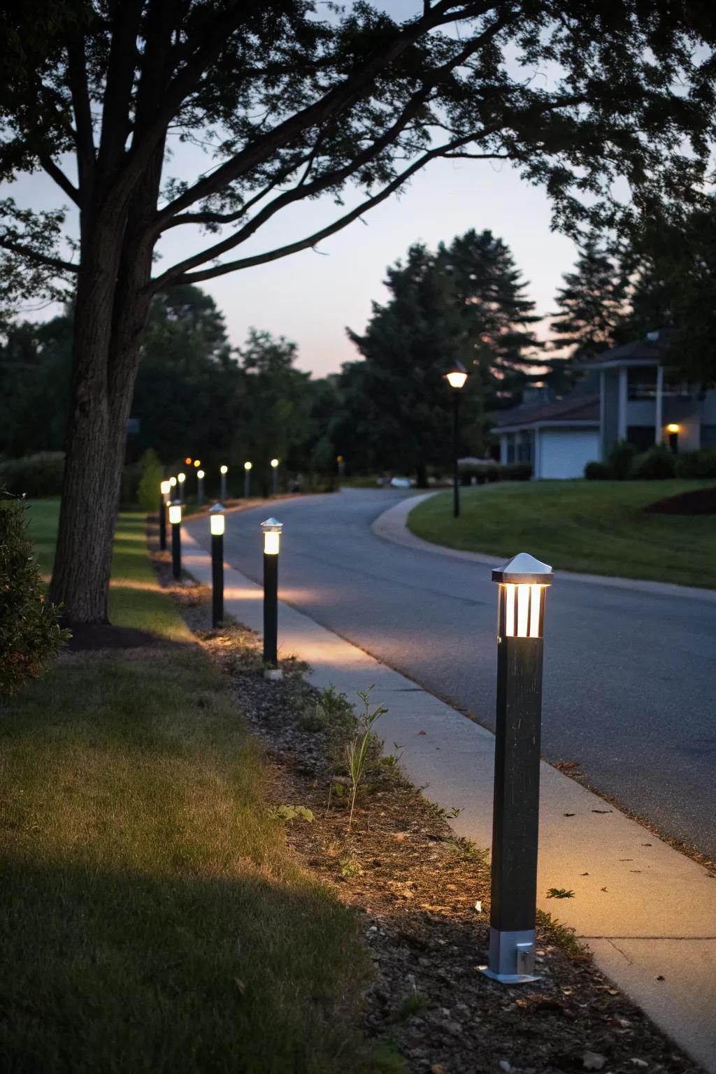 Reflective markers integrated into light posts for enhanced driveway visibility.