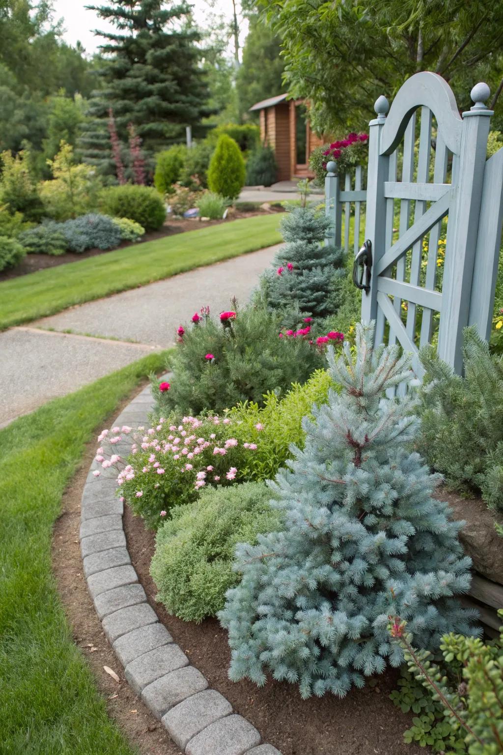 Dwarf blue spruce adds charming definition to garden borders.
