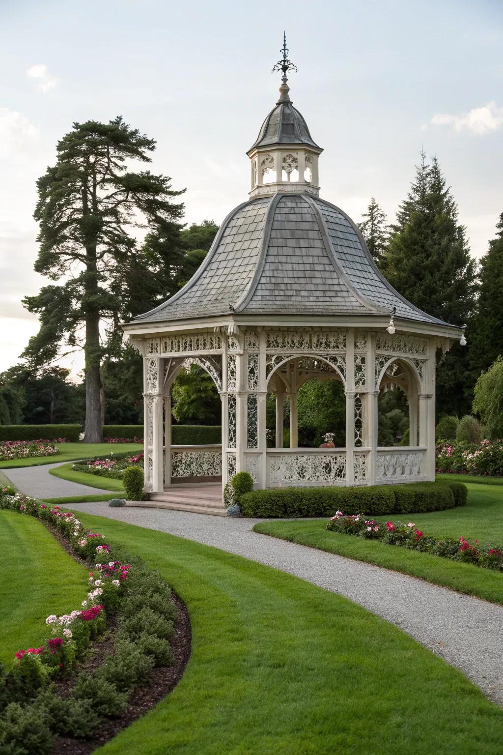 A bell-shaped roof adds a unique touch of elegance.