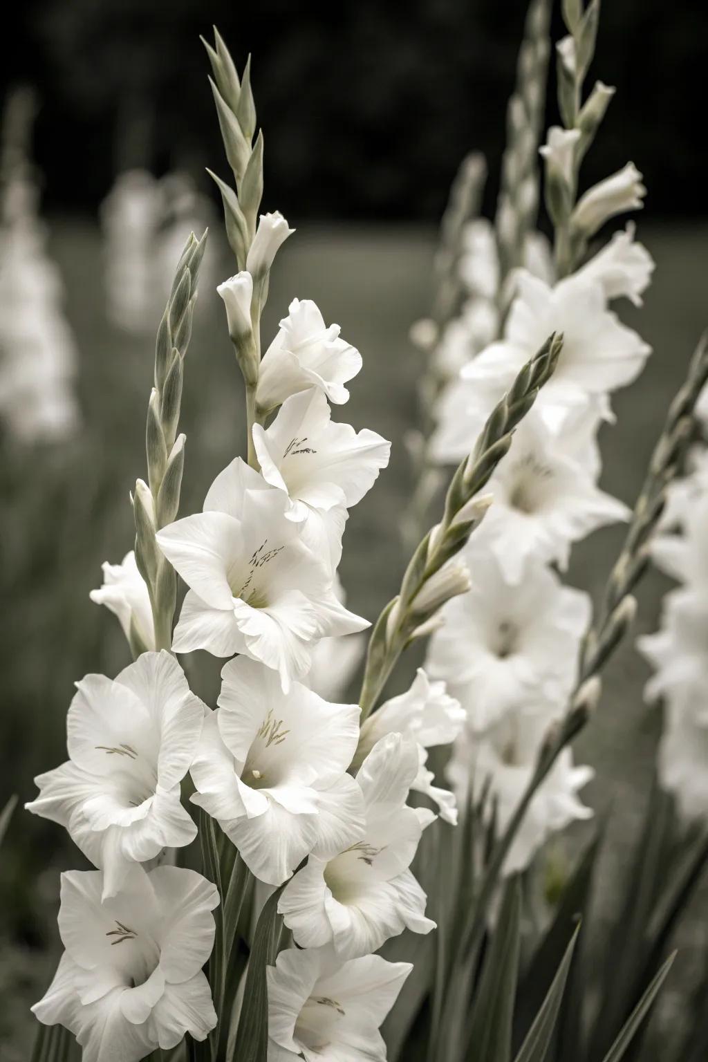 Monochrome gladiolus flowers provide an elegant and sophisticated garden look.