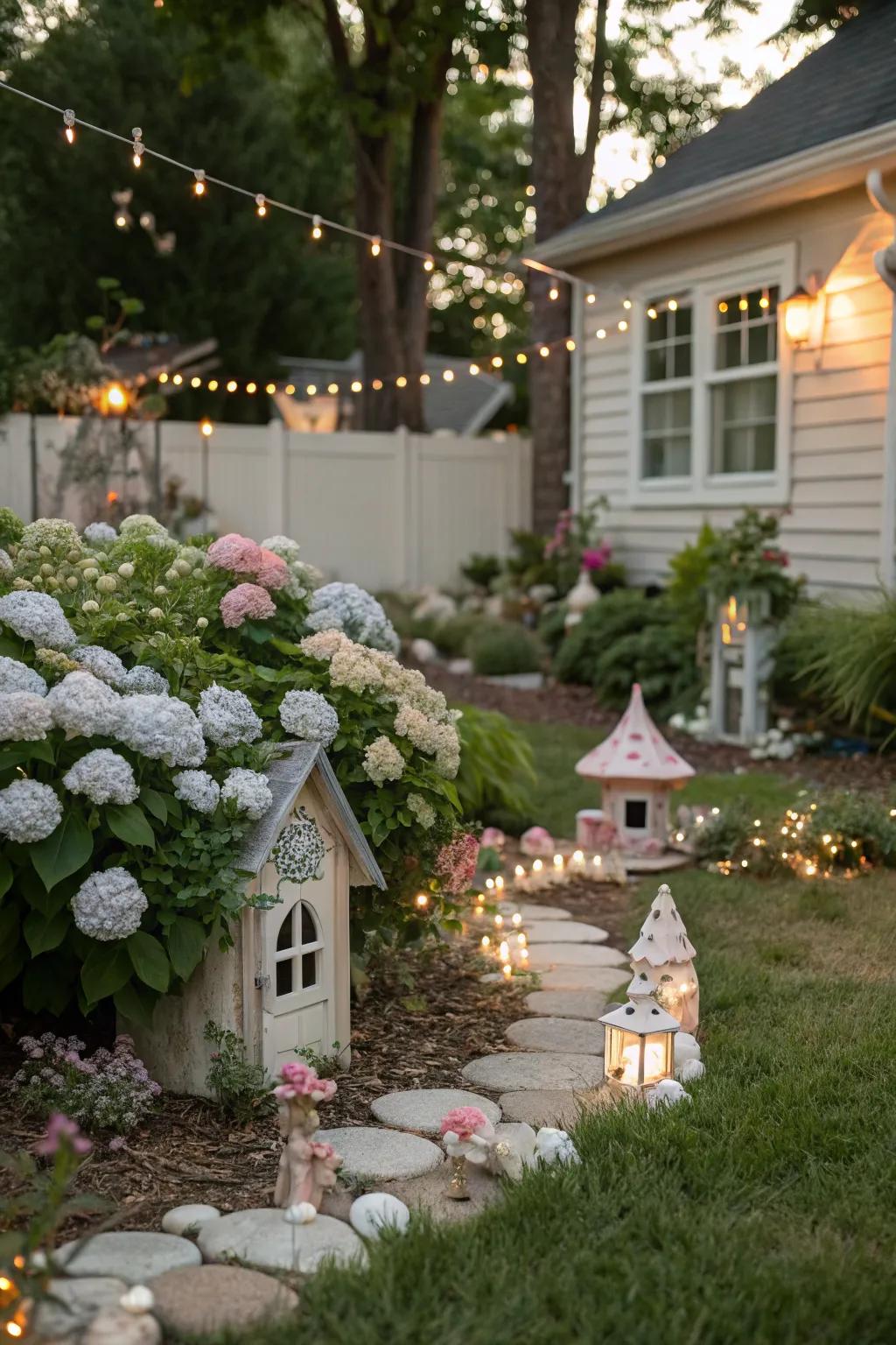 Add whimsy with a hydrangea fairy garden.