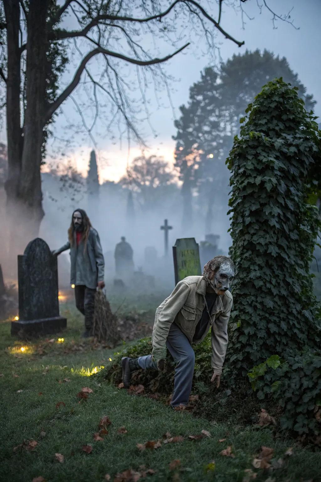 Zombie props add a chilling horror touch.