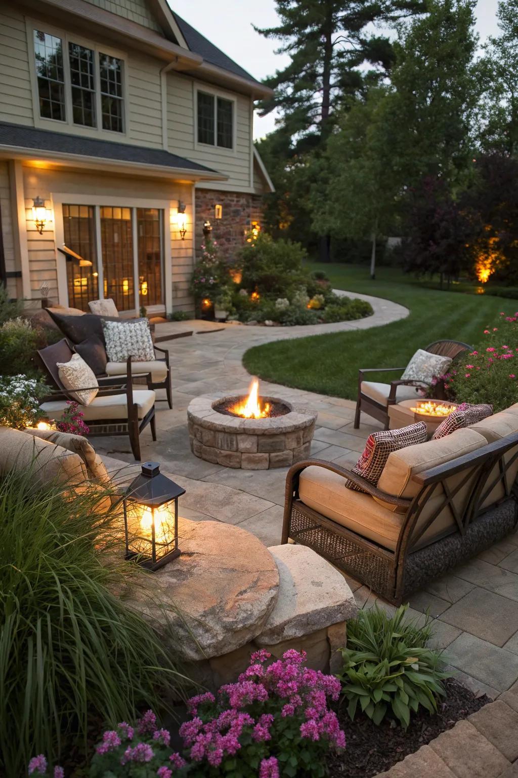 Fire pits create a warm gathering spot for friends and family.