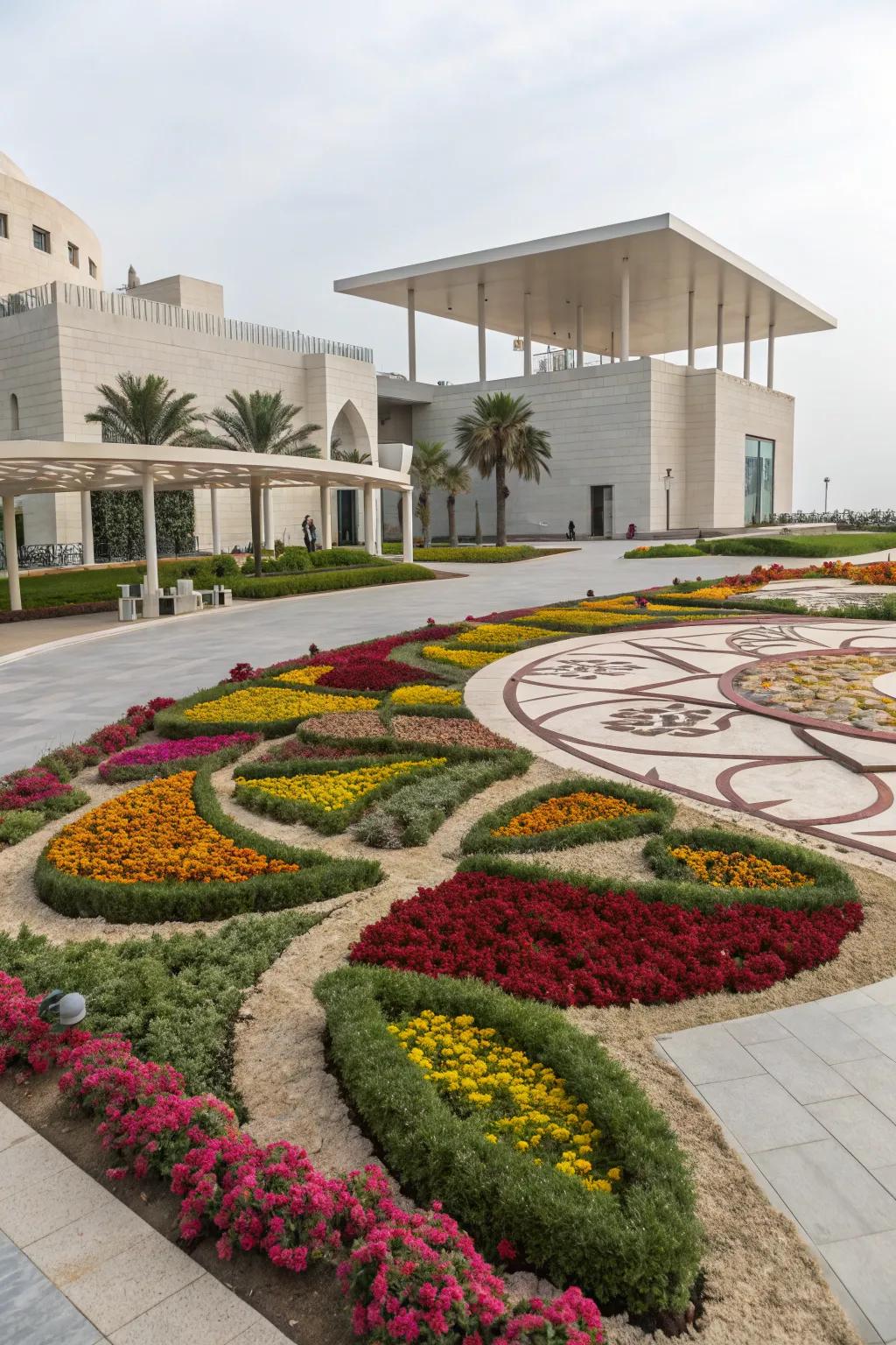An island flower bed with geometric plant patterns creating a modern look.