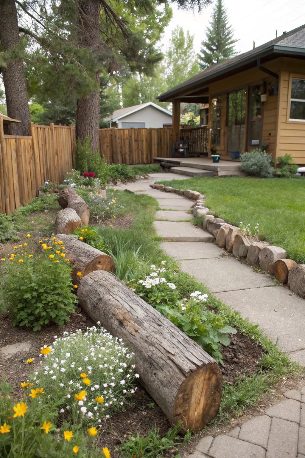 Natural log borders add a rustic, woodland charm to the front yard landscape.