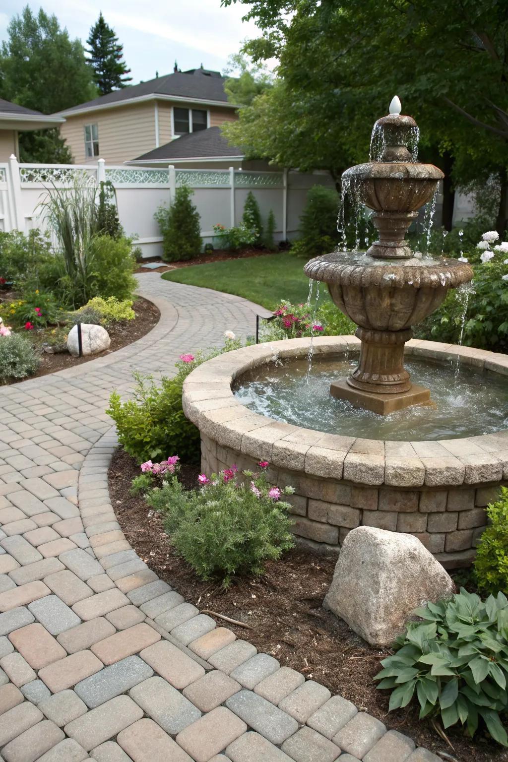 Add a serene water feature surrounded by pavers.