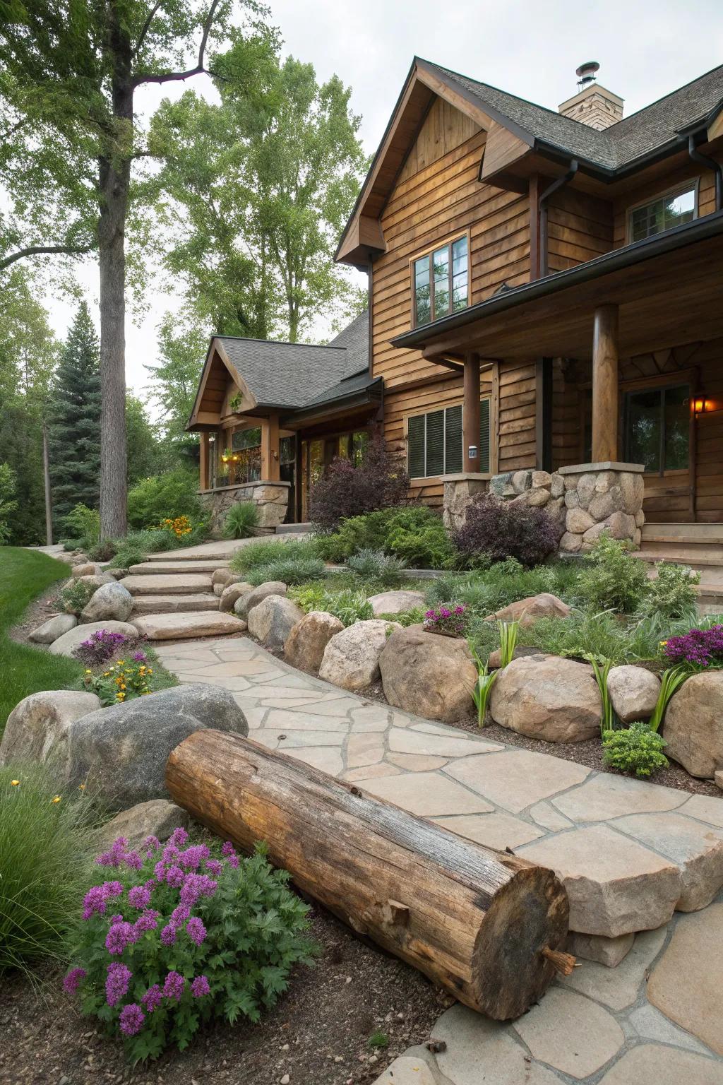 Rustic logs and rocks harmoniously combined for a cozy outdoor feel.