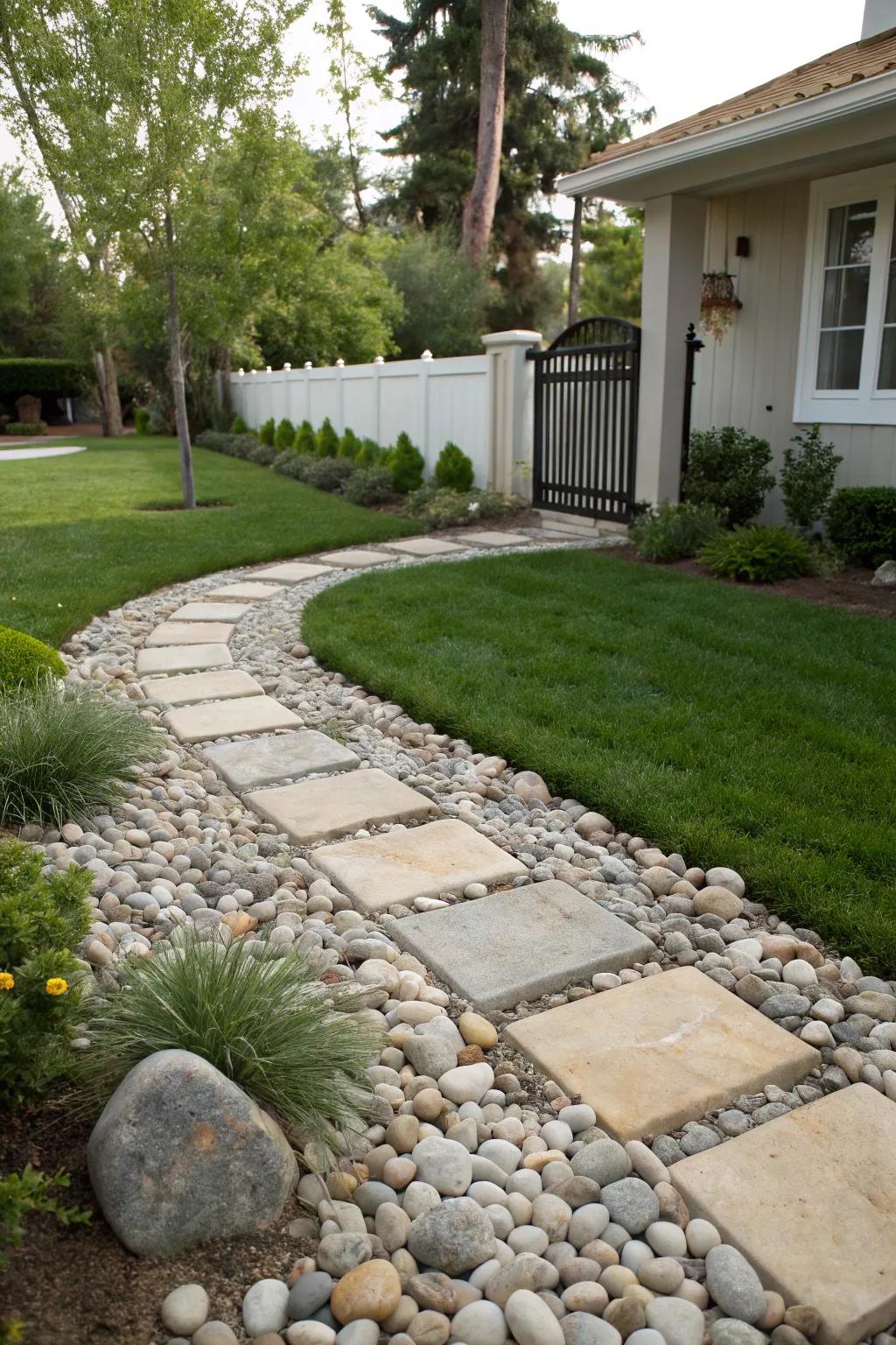 Pebbles and grass create a lively and contrasting landscape.